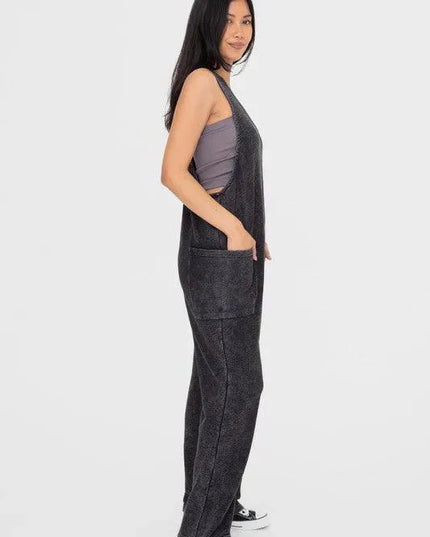 Mono B Mineral-Washed V Neck Overalls with Pockets - ShopEasier