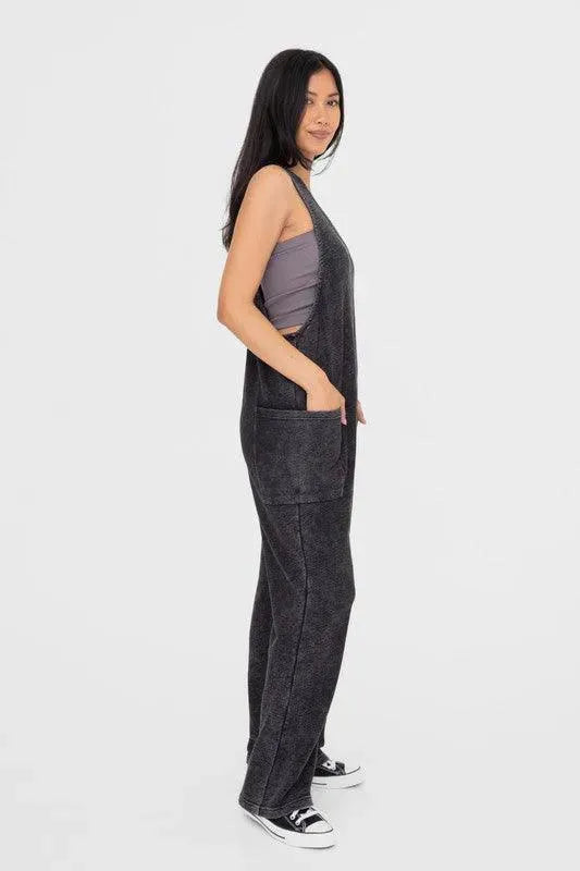 Mono B Mineral-Washed V Neck Overalls with Pockets - ShopEasier