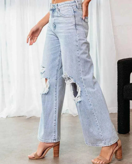 Distressed Wide Leg Jeans with Pockets - ShopEasier