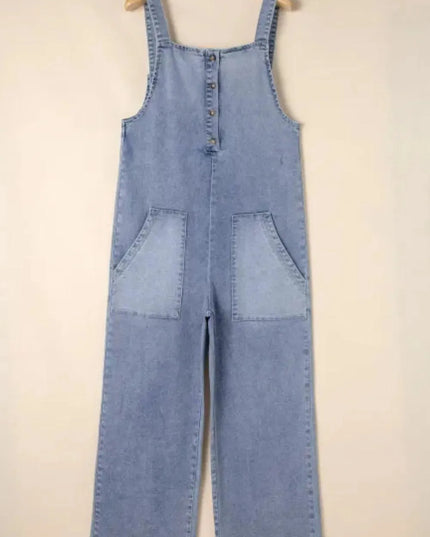 Wide Strap Denim Overalls with Pockets - ShopEasier