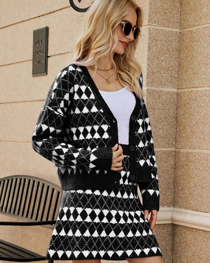 Sleek Geometric Knit Cardigan and Skirt Ensemble