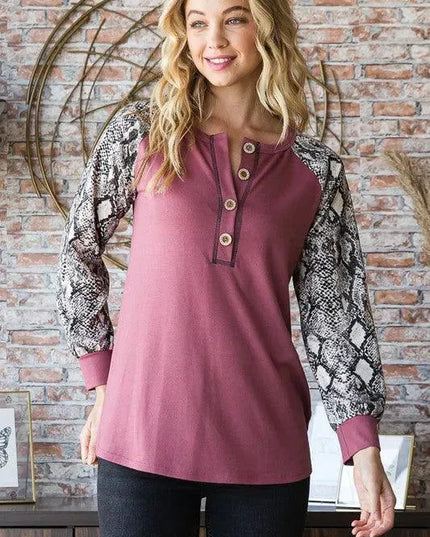 Chic Snakeskin Print Raglan Sleeve Half Button Top