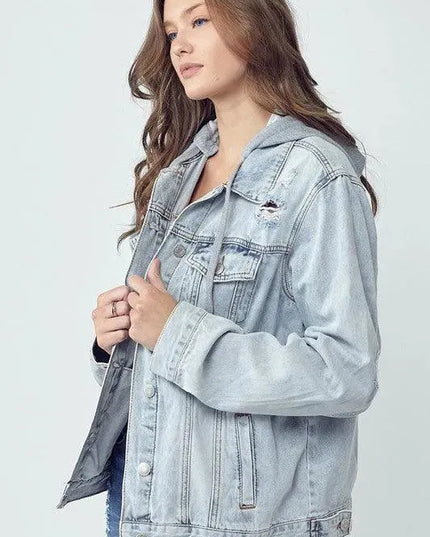 RISEN Full Size Distressed Drawstring Hooded Denim Jacket - ShopEasier