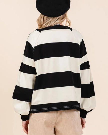 Chic Striped Long Sleeve T-Shirt with Snap Shoulder Detail