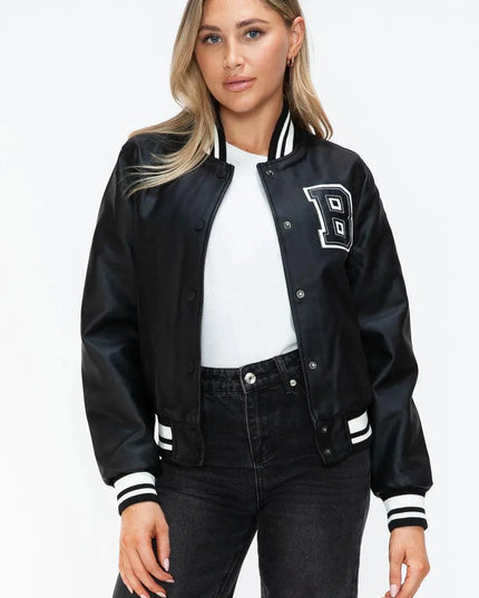 Love Me Now PU Leather Contrast Snap Down Bomber Jacket - ShopEasier