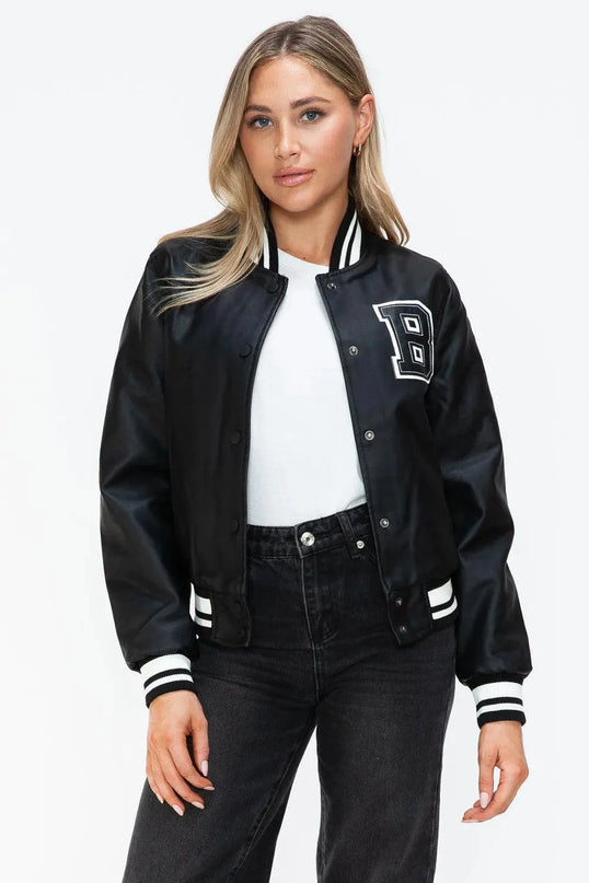 Love Me Now PU Leather Contrast Snap Down Bomber Jacket - ShopEasier