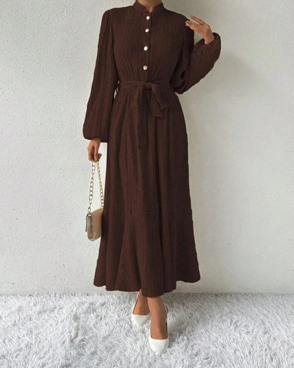 Half Button Tie Waist Long Sleeve Maxi Dress