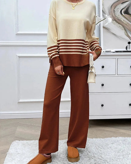 Chic Slit Striped Knit Top and Bottom Ensemble