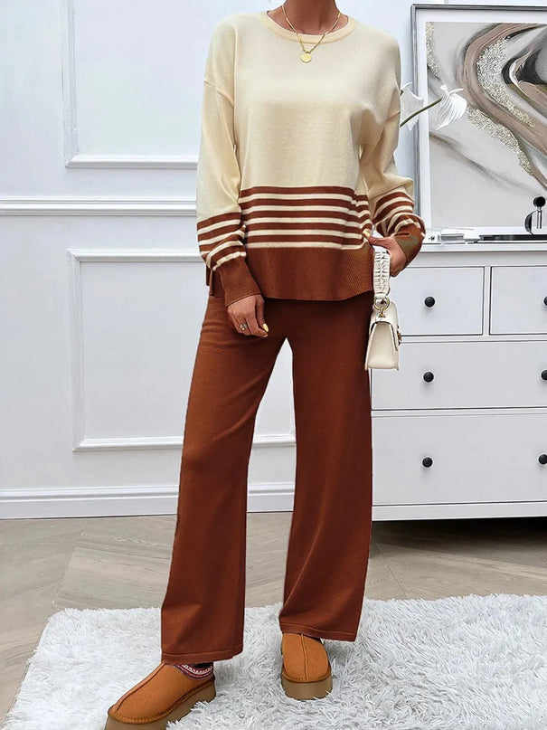 Chic Slit Striped Knit Top and Bottom Ensemble