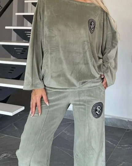 Conjunto de pantalón y blusa de manga larga con cuello barco en talla grande