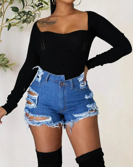 Distressed Pocketed Denim Shorts with Raw Hem Finish