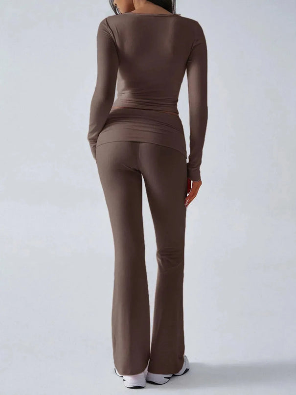 Chic Ruched Long Sleeve Top and Pants Ensemble