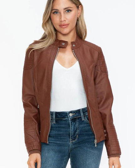 Snobbish Faux Leather Biker Jacket with Side Zip Pockets - ShopEasier