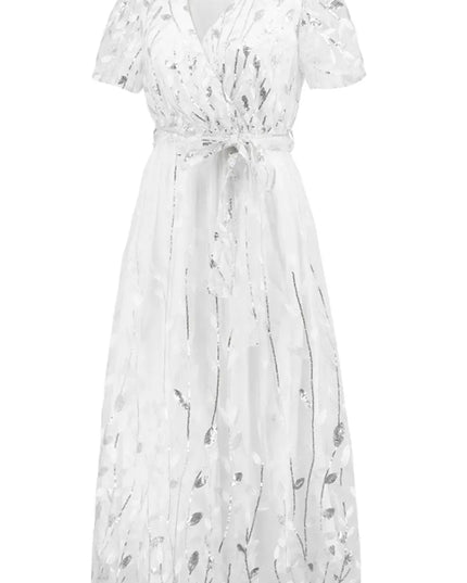 Sequin Leaf Embroidery Tie Front Short Sleeve Dress