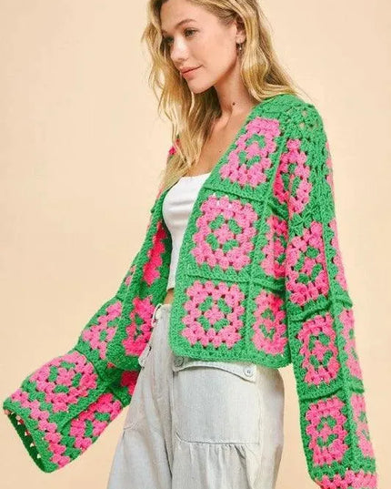 Davi & Dani Full Size Two Tone Flower Square Crochet Open Front Cardigan - ShopEasier