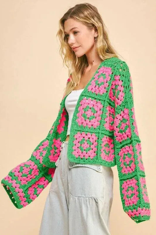 Davi & Dani Full Size Two Tone Flower Square Crochet Open Front Cardigan - ShopEasier