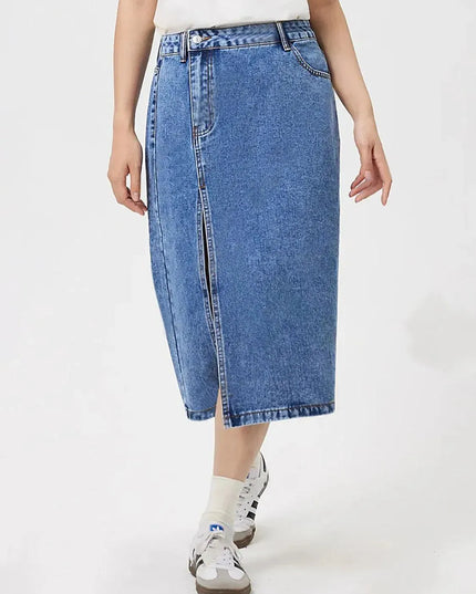 Slit Midi Denim Skirt with Pockets - ShopEasier