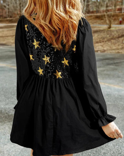 Sequin Star Round Neck Flounce Sleeve Mini Dress