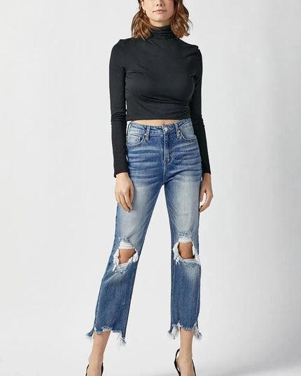 RISEN High Waist Distressed Frayed Hem Cropped Straight Jeans - ShopEasier