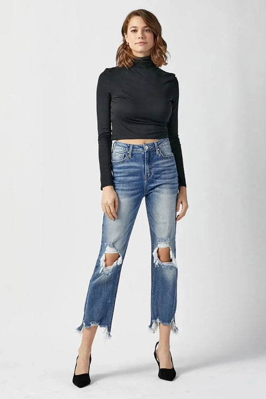 RISEN High Waist Distressed Frayed Hem Cropped Straight Jeans - ShopEasier