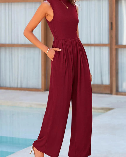 Sleeveless Mock Neck Wide Leg Jumpsuit