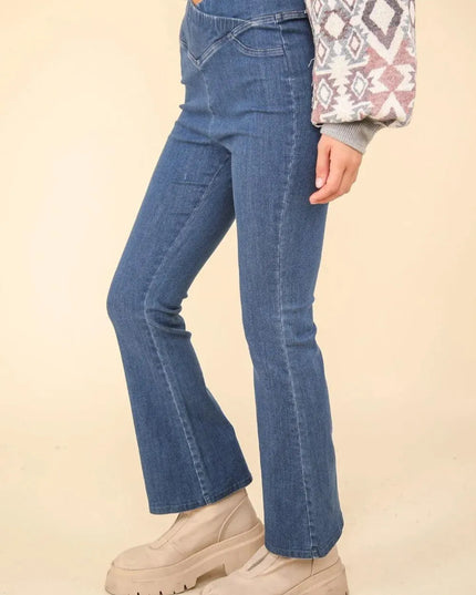 VERY J Washed Denim Stretchy Crossover Waist Leggings - ShopEasier