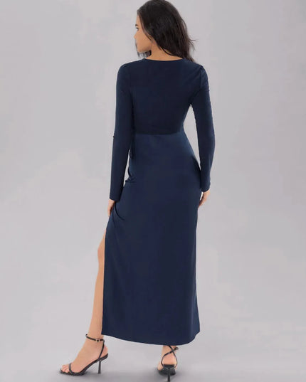 Split Round Neck Long Sleeve Midi Dress