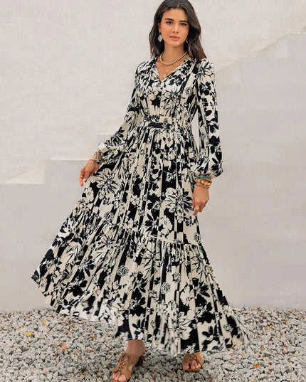 Smocked Printed Tie Neck Long Sleeve Dress - ShopEasier