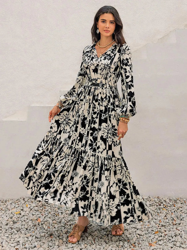 Smocked Printed Tie Neck Long Sleeve Dress - ShopEasier