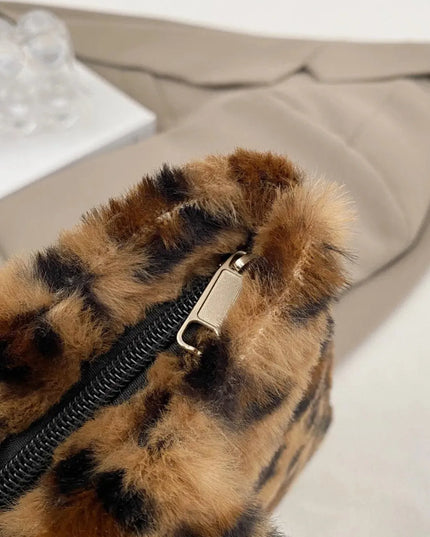 Leopard Print Fluff Zip-Up Handbag