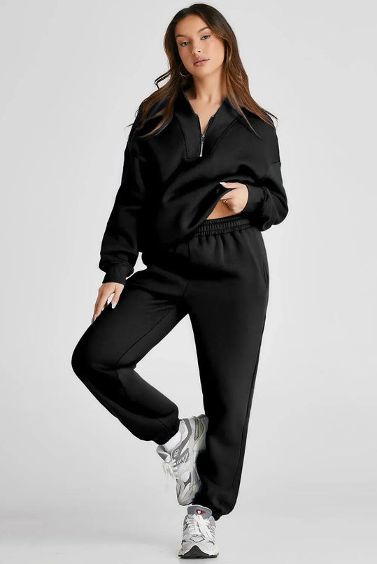 Quarter Zip Long Sleeve Top and Pants Set - ShopEasier