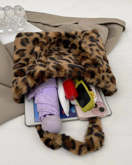 Leopard Print Fluff Zip-Up Handbag