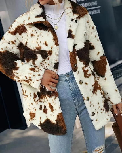 Cow Print Collared Neck Button Up Fuzzy Jacket - ShopEasier