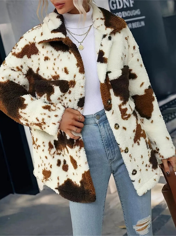 Cow Print Collared Neck Button Up Fuzzy Jacket - ShopEasier