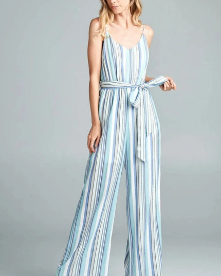 Cotton Bleu by Nu Label Tie Front Striped Sleeveless Jumpsuit - ShopEasier