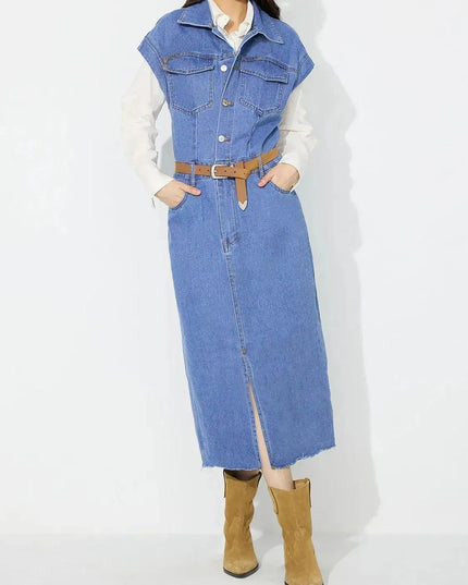 Slit Half Button Collared Neck Cap Sleeve Denim Dress - ShopEasier