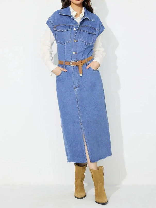 Slit Half Button Collared Neck Cap Sleeve Denim Dress - ShopEasier