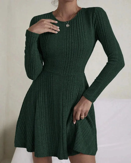 Textured Round Neck Long Sleeve Dress