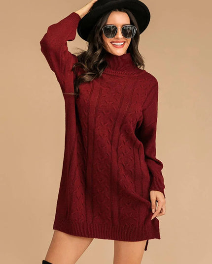 Perfee Slit Turtleneck Long Sleeve Mini Sweater Dress