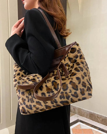 Leopard Faux Fur Tote Bag with Coin Purse