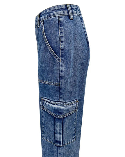 High Rise Straight Jeans with Cargo Pockets - ShopEasier