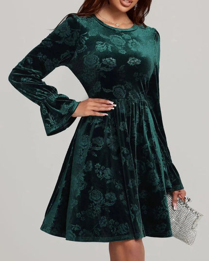 Tied Flower Print Round Neck Flounce Sleeve Dress - ShopEasier