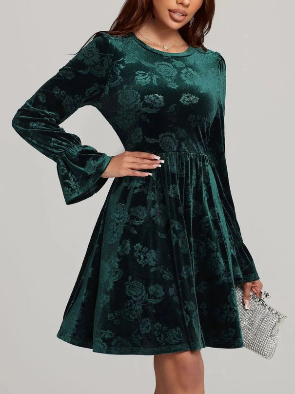 Tied Flower Print Round Neck Flounce Sleeve Dress - ShopEasier