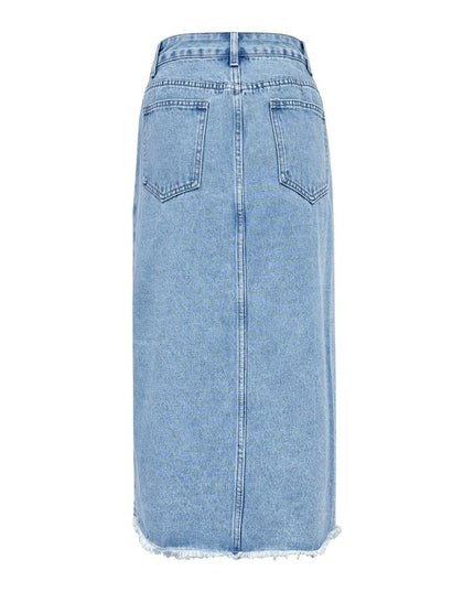 Raw Hem Slit Midi Denim Skirt - ShopEasier