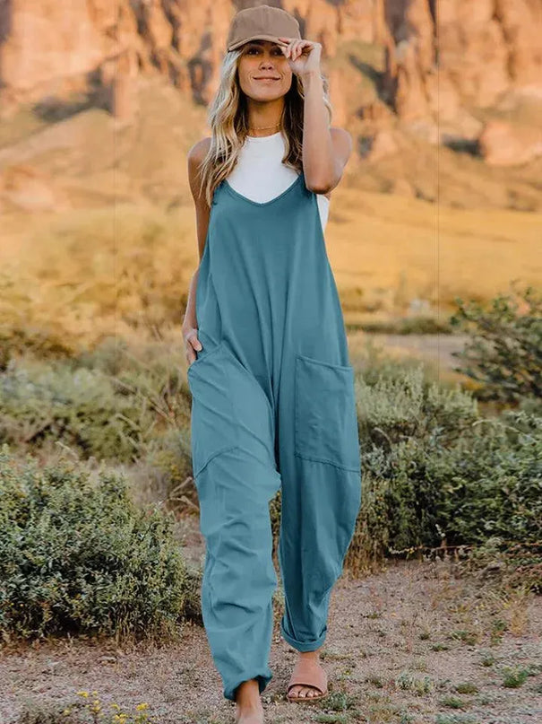 Double Take Full Size V-Neck Sleeveless Jumpsuit with Pockets - ShopEasier