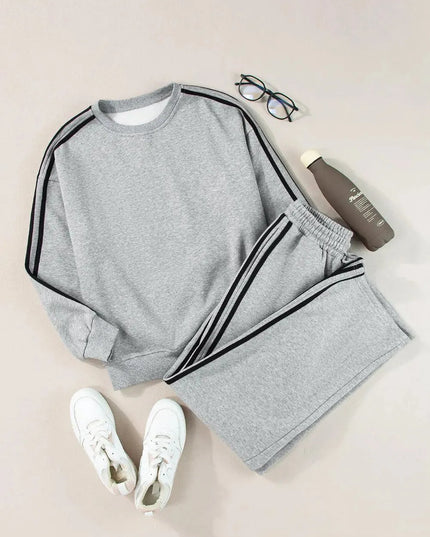 Sporty Side Striped Activewear Set with Round Neck Top and Pants