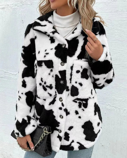 Cow Print Collared Neck Button Up Fuzzy Jacket - ShopEasier