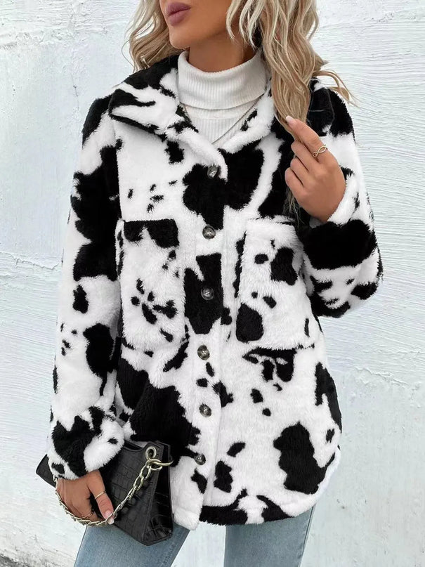 Cow Print Collared Neck Button Up Fuzzy Jacket - ShopEasier