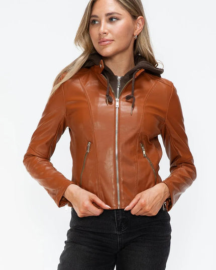 Snobbish Faux Leather Zip Up Drawstring Hooded Jacket - ShopEasier