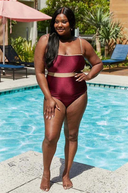 Marina West Swim Wave Break Contrast Trim One-Piece in Wine